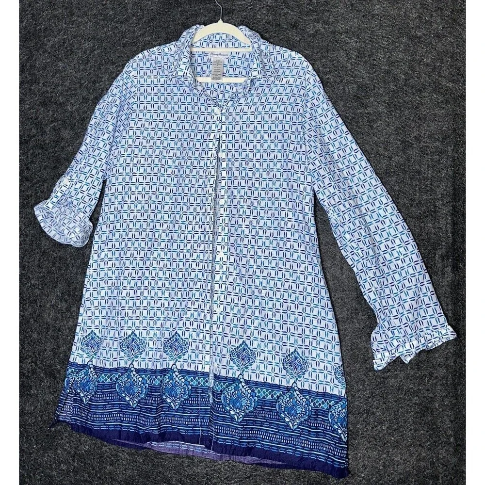 Tommy Bahama Tunic Dress Blue White Geometric Print Sz M